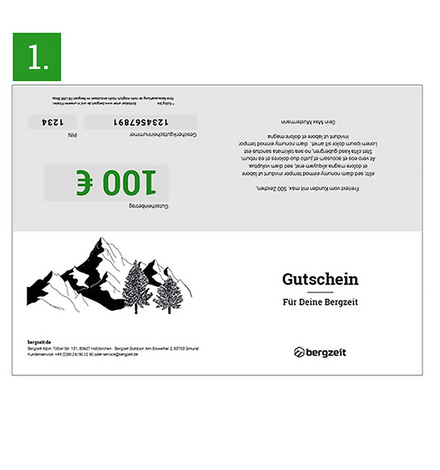Leg den Gutschein so vor dir hin, dass das Bergzeit Logo richtig rum zu lesen ist.