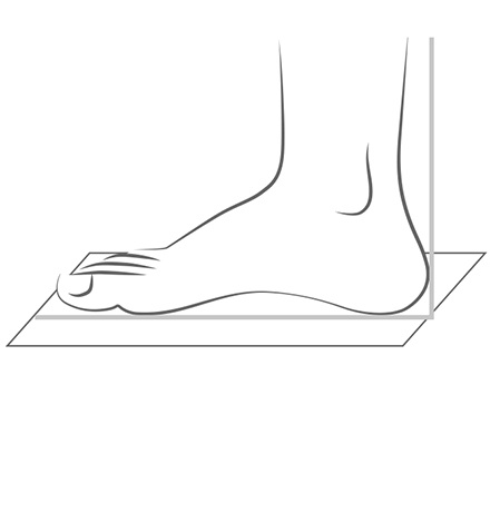 Fixiere ein Blatt Papier bündig an einer senkrechten, glatten Wand und positioniere Deine Füße darauf. Die Fersen berühren die Wand.