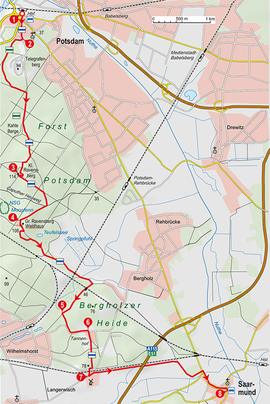 Die Wanderung führt über den Kamm der Hügelkette nach Saarmund im Nuthetal.