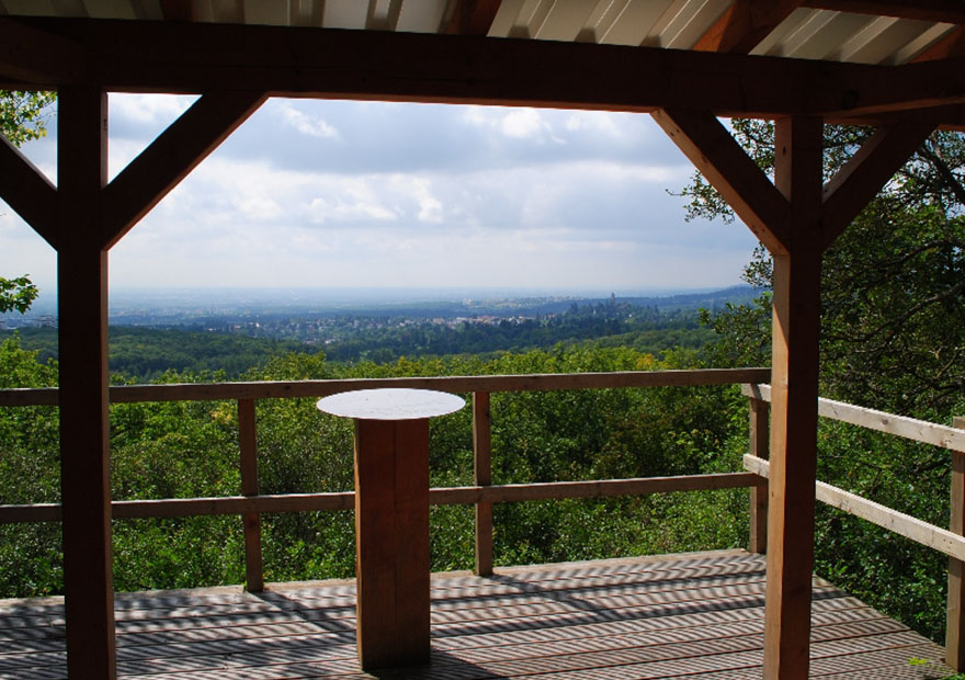 Der Weg zum Altkönig führt über den Hünerberg, wo wir eine logenartige Schutzhütte über dem Wald vorfinden.