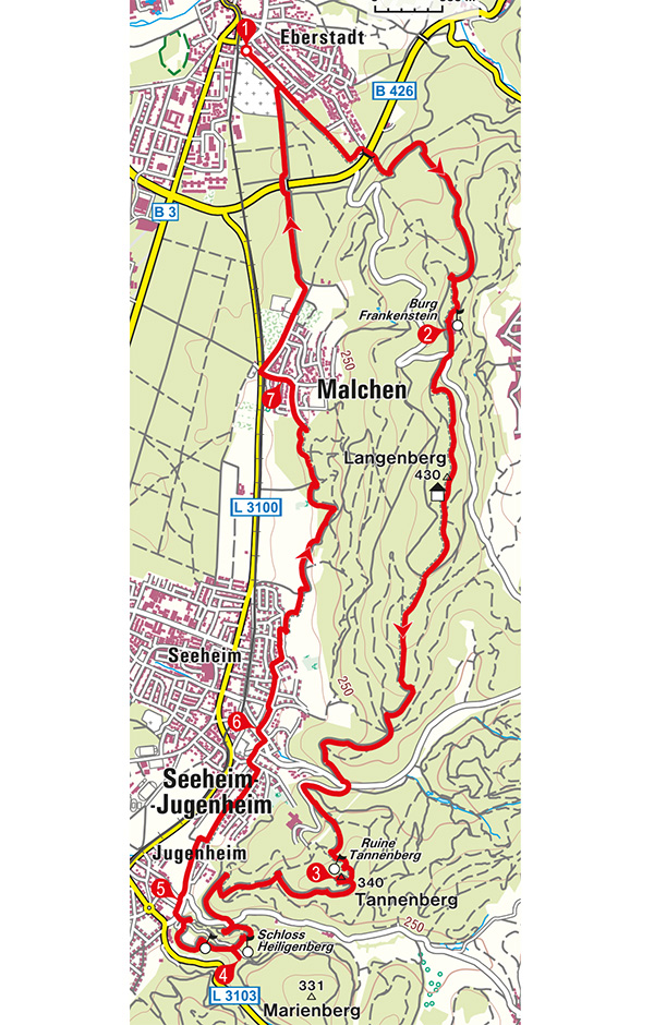 Die aussichtsreichen Höhenwege und das pittoreske Seeheim-Jugenheim entschädigen für die lange Gehzeit. 